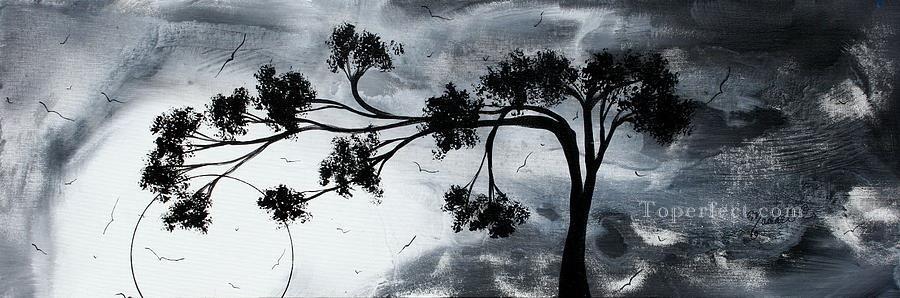 木と鳥の黒と白油絵